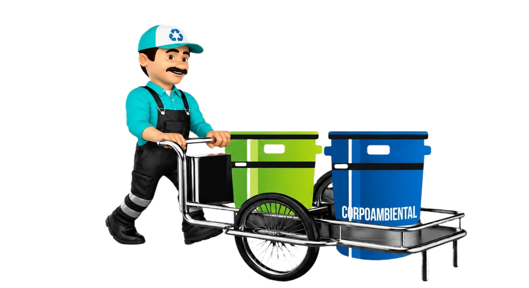 Recolector de Corpoambiental transportando su carro de reciclaje